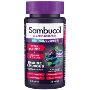 SAMBUCOL EXTRA DEFENCE MENTHOL GUMMIES BOMBONI SA CRNOM BAZGOM+VITAMINI+MINERALI ZA IMUNITET A30